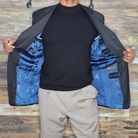 Ted Lapidus Paris Wool Blend Black Striped Double Vented Blazer Sport Jacket 42R - Picture 7 of 12